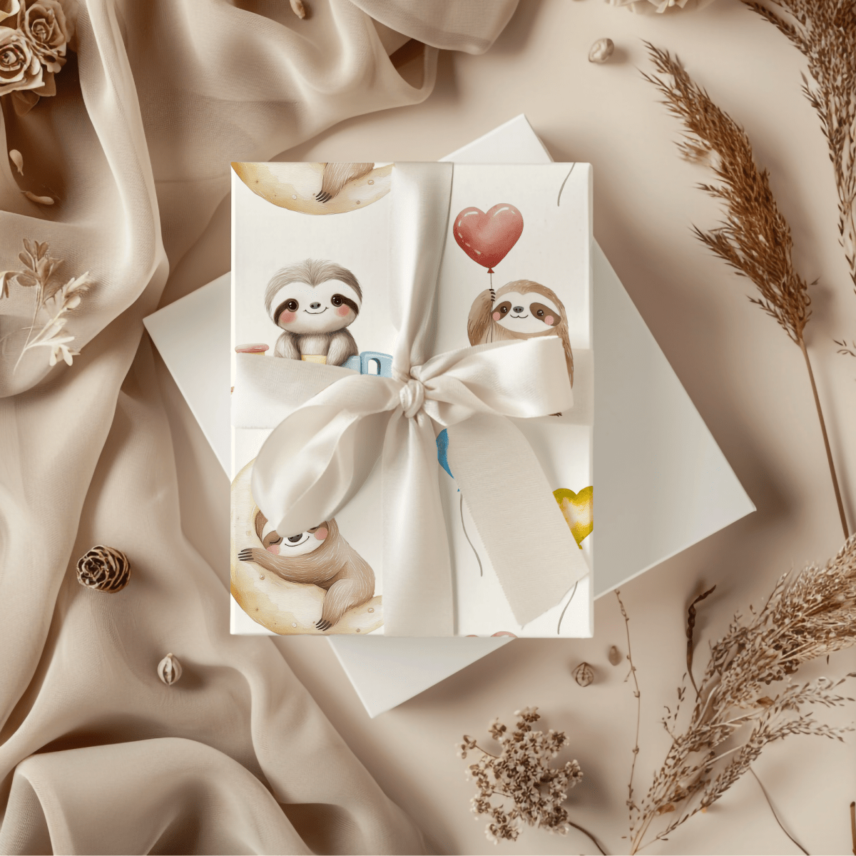Snoozy Sloths & Balloon Dreams – Whimsical Wrapping Paper