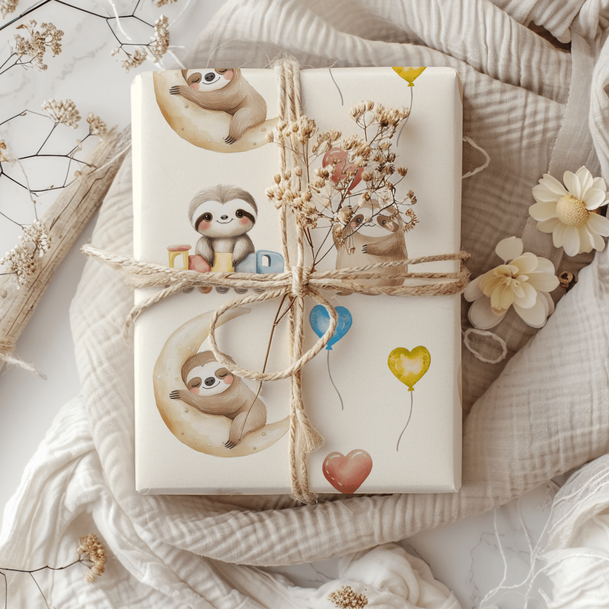 Snoozy Sloths & Balloon Dreams – Whimsical Wrapping Paper