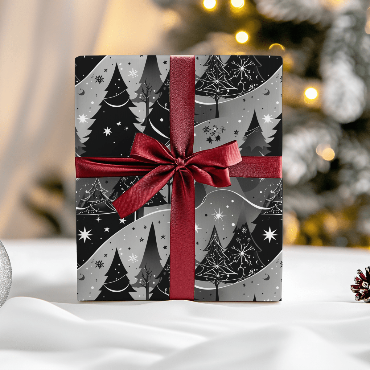 Starlit Forest – Magical Monochrome Christmas Wrapping Paper