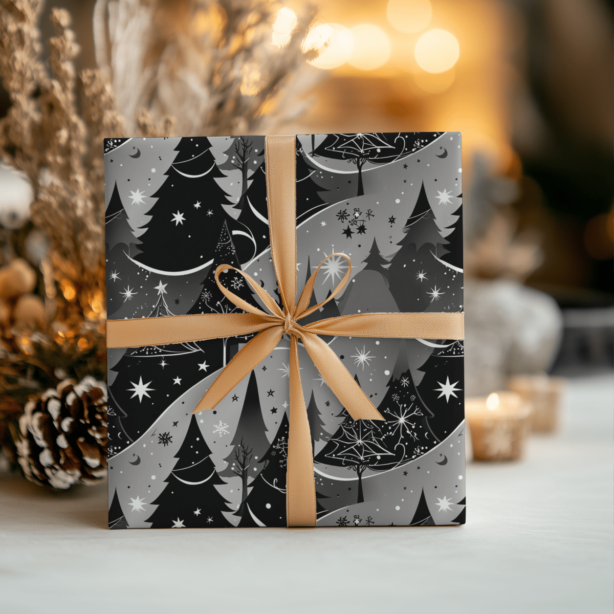 Starlit Forest – Magical Monochrome Christmas Wrapping Paper