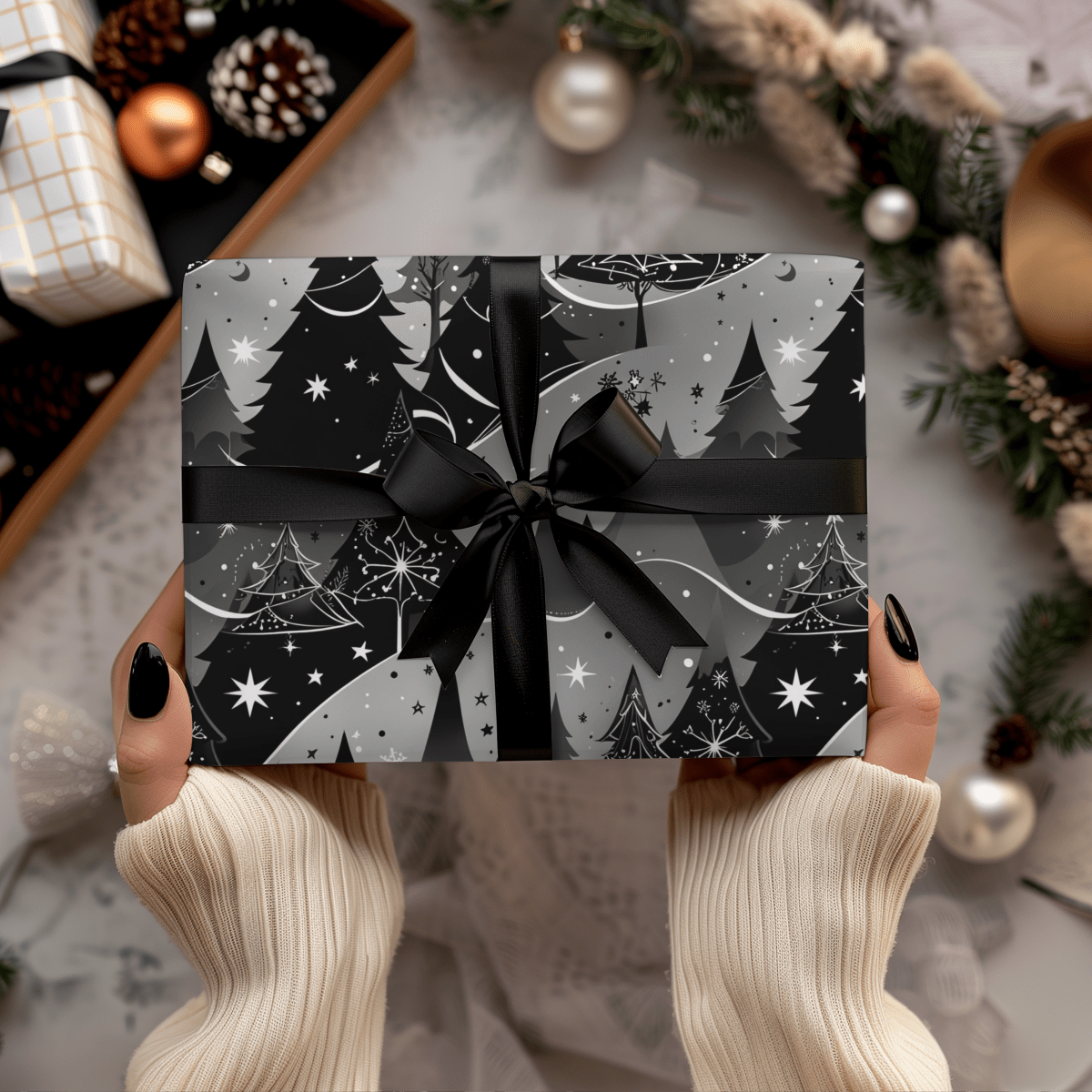 Starlit Forest – Magical Monochrome Christmas Wrapping Paper