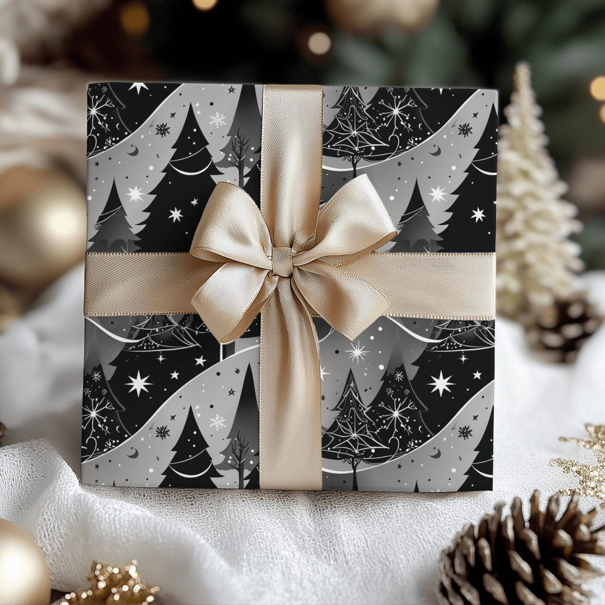 Starlit Forest – Magical Monochrome Christmas Wrapping Paper