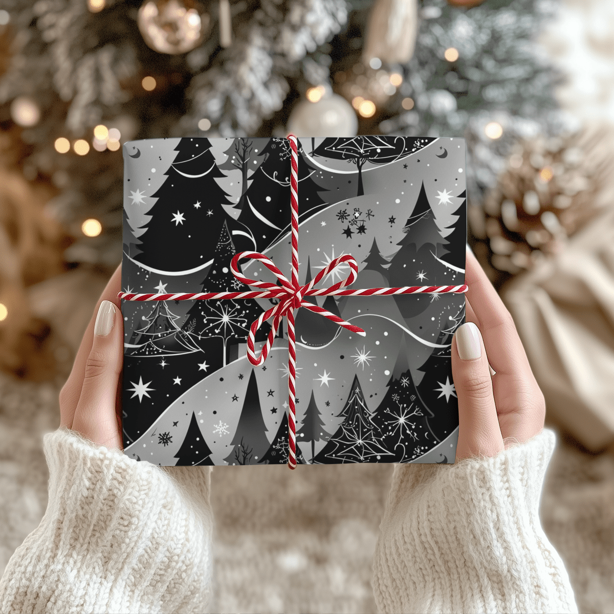 Starlit Forest – Magical Monochrome Christmas Wrapping Paper