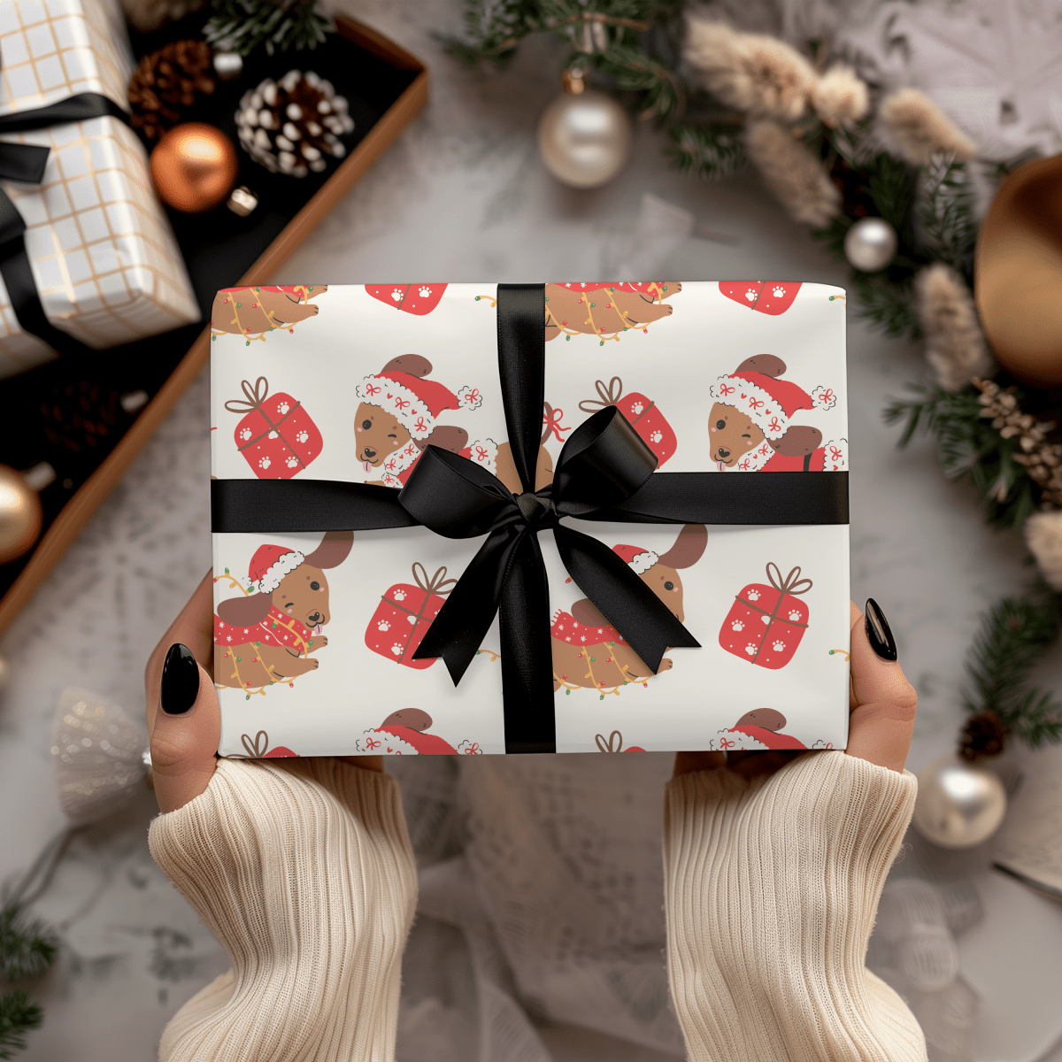 Santa Paws & Tinsel Tails – Festive Dachshund Wrapping Paper