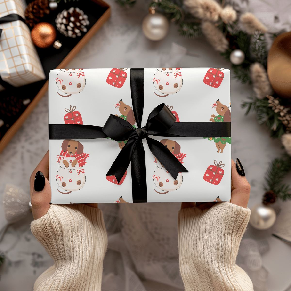 Tree Rex & Snow Pup – Holiday Dachshund Wrapping Paper