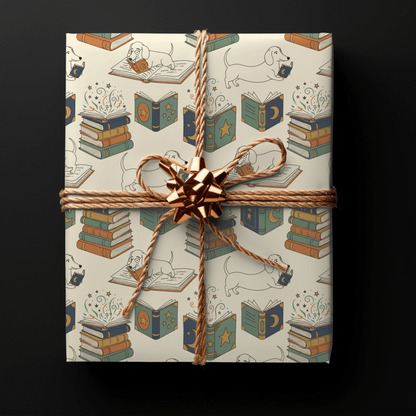 Novel Tails & Cozy Curls — Bookworm Dachshund Wrapping Paper
