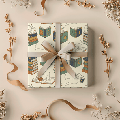Novel Tails & Cozy Curls — Bookworm Dachshund Wrapping Paper