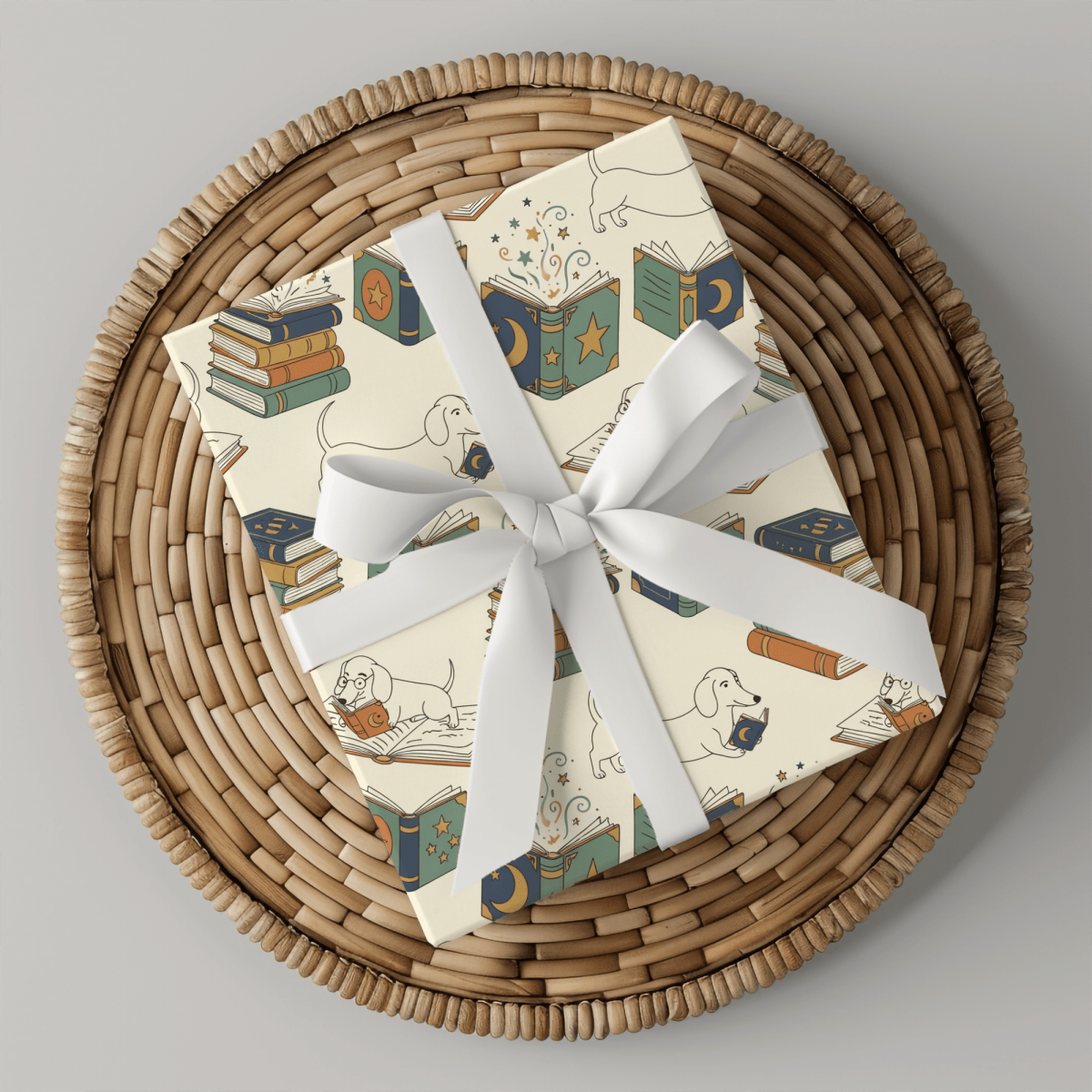 Novel Tails & Cozy Curls — Bookworm Dachshund Wrapping Paper