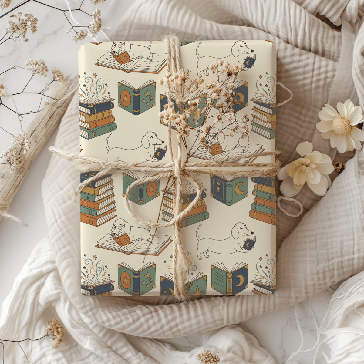 Novel Tails & Cozy Curls — Bookworm Dachshund Wrapping Paper