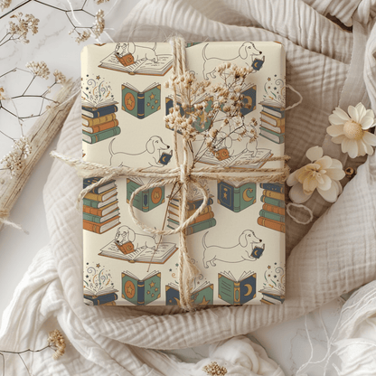 Novel Tails & Cozy Curls — Bookworm Dachshund Wrapping Paper