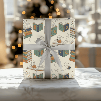 Novel Tails & Cozy Curls — Bookworm Dachshund Wrapping Paper