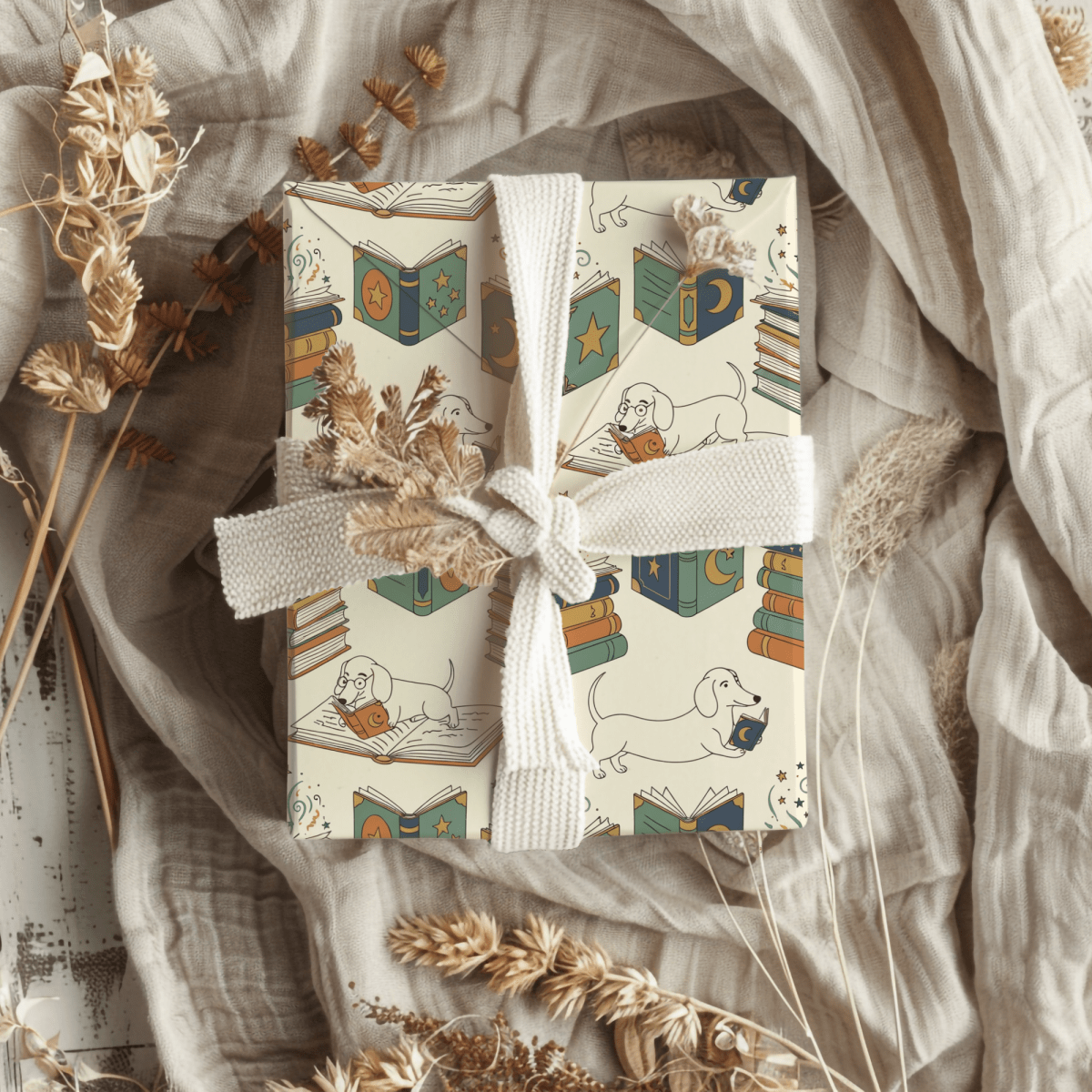 Novel Tails & Cozy Curls — Bookworm Dachshund Wrapping Paper