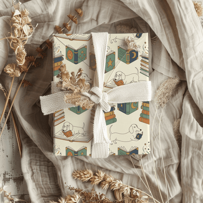 Novel Tails & Cozy Curls — Bookworm Dachshund Wrapping Paper