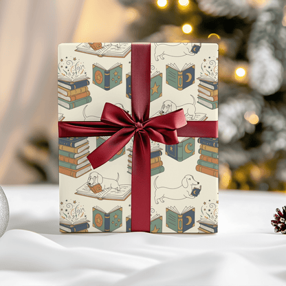 Novel Tails & Cozy Curls — Bookworm Dachshund Wrapping Paper