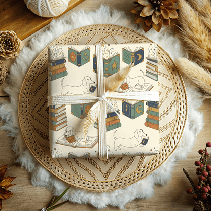 Novel Tails & Cozy Curls — Bookworm Dachshund Wrapping Paper