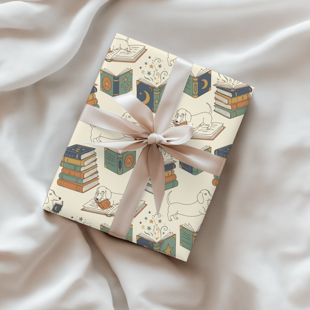 Novel Tails & Cozy Curls — Bookworm Dachshund Wrapping Paper