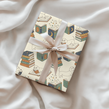 Novel Tails & Cozy Curls — Bookworm Dachshund Wrapping Paper