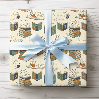 Novel Tails & Cozy Curls — Bookworm Dachshund Wrapping Paper
