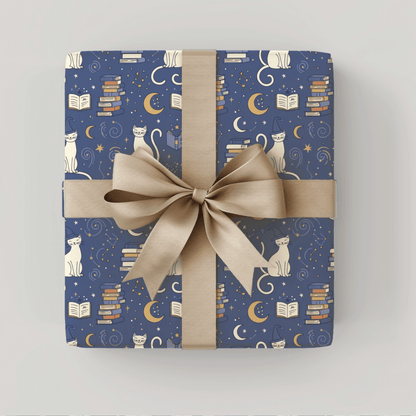 Purrfectly Bookish – Celestial Cat & Cozy Library Wrapping Paper