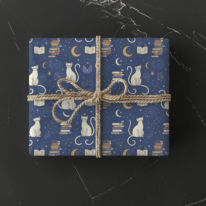 Purrfectly Bookish – Celestial Cat & Cozy Library Wrapping Paper