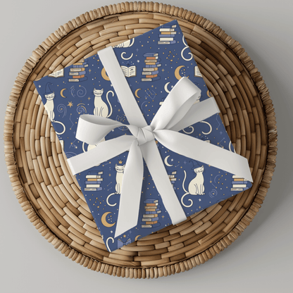 Purrfectly Bookish – Celestial Cat & Cozy Library Wrapping Paper