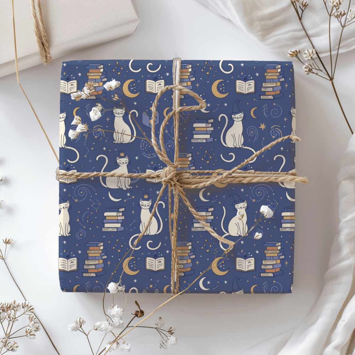 Purrfectly Bookish – Celestial Cat & Cozy Library Wrapping Paper