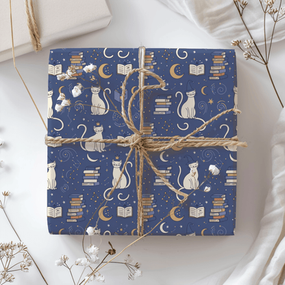 Purrfectly Bookish – Celestial Cat & Cozy Library Wrapping Paper