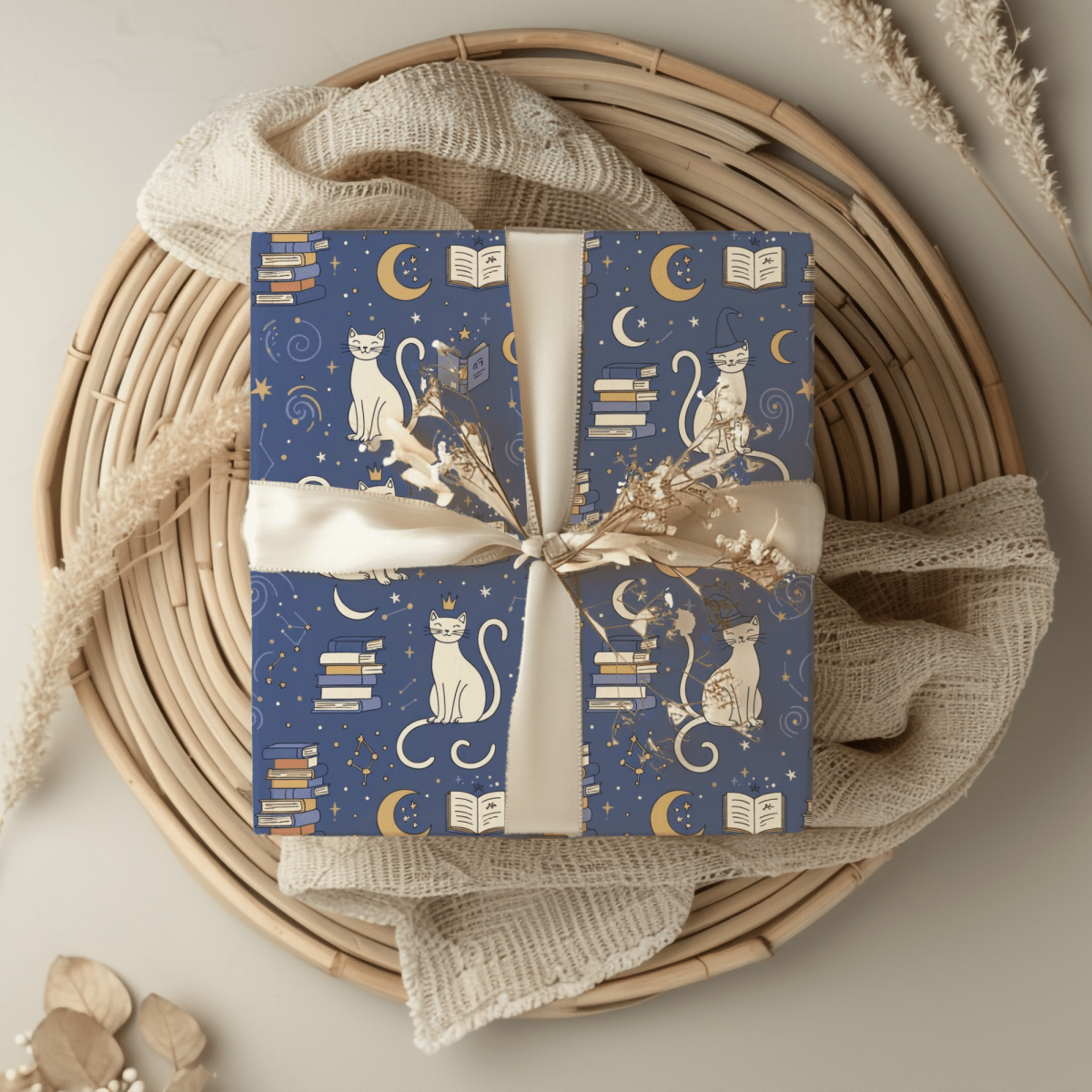 Purrfectly Bookish – Celestial Cat & Cozy Library Wrapping Paper