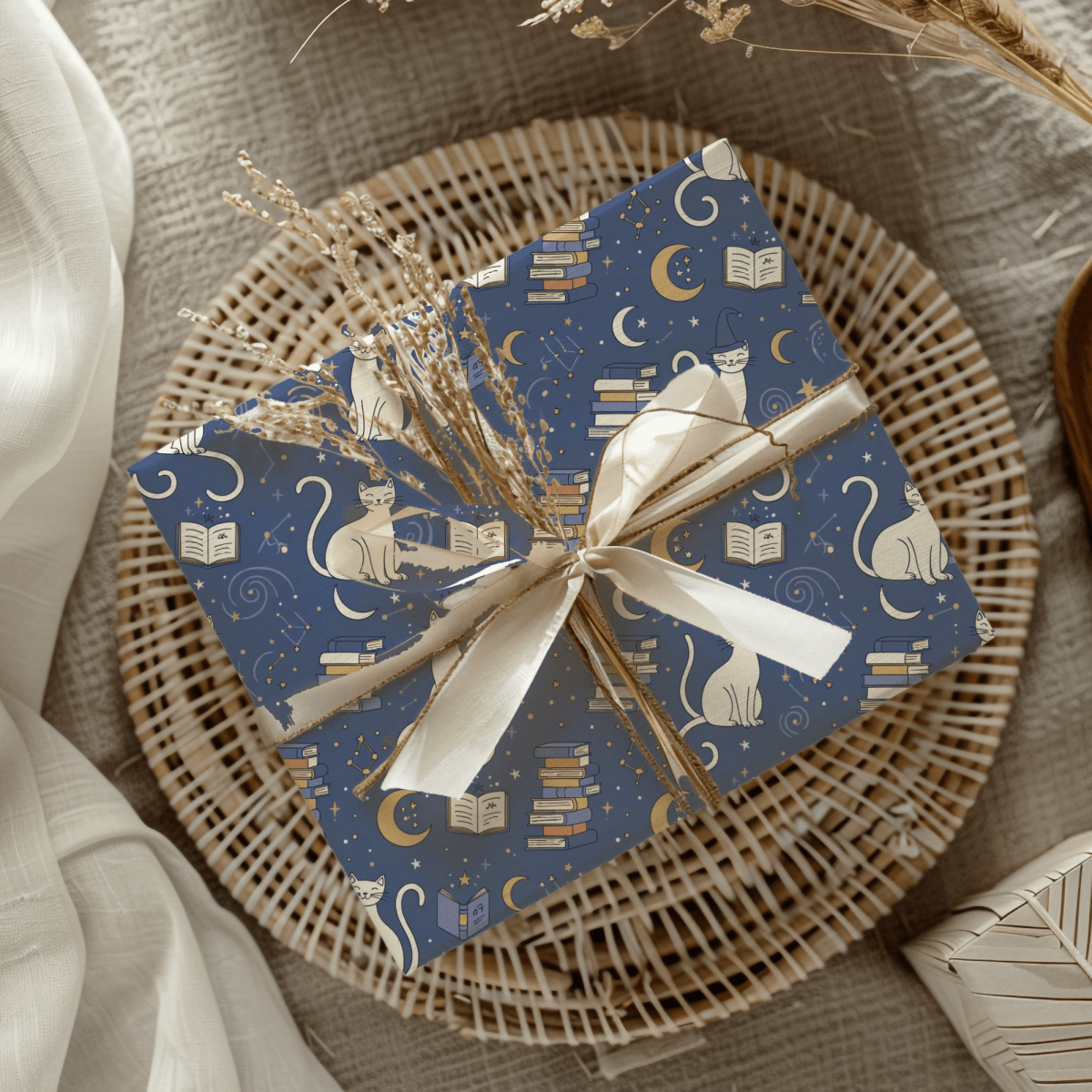 Purrfectly Bookish – Celestial Cat & Cozy Library Wrapping Paper