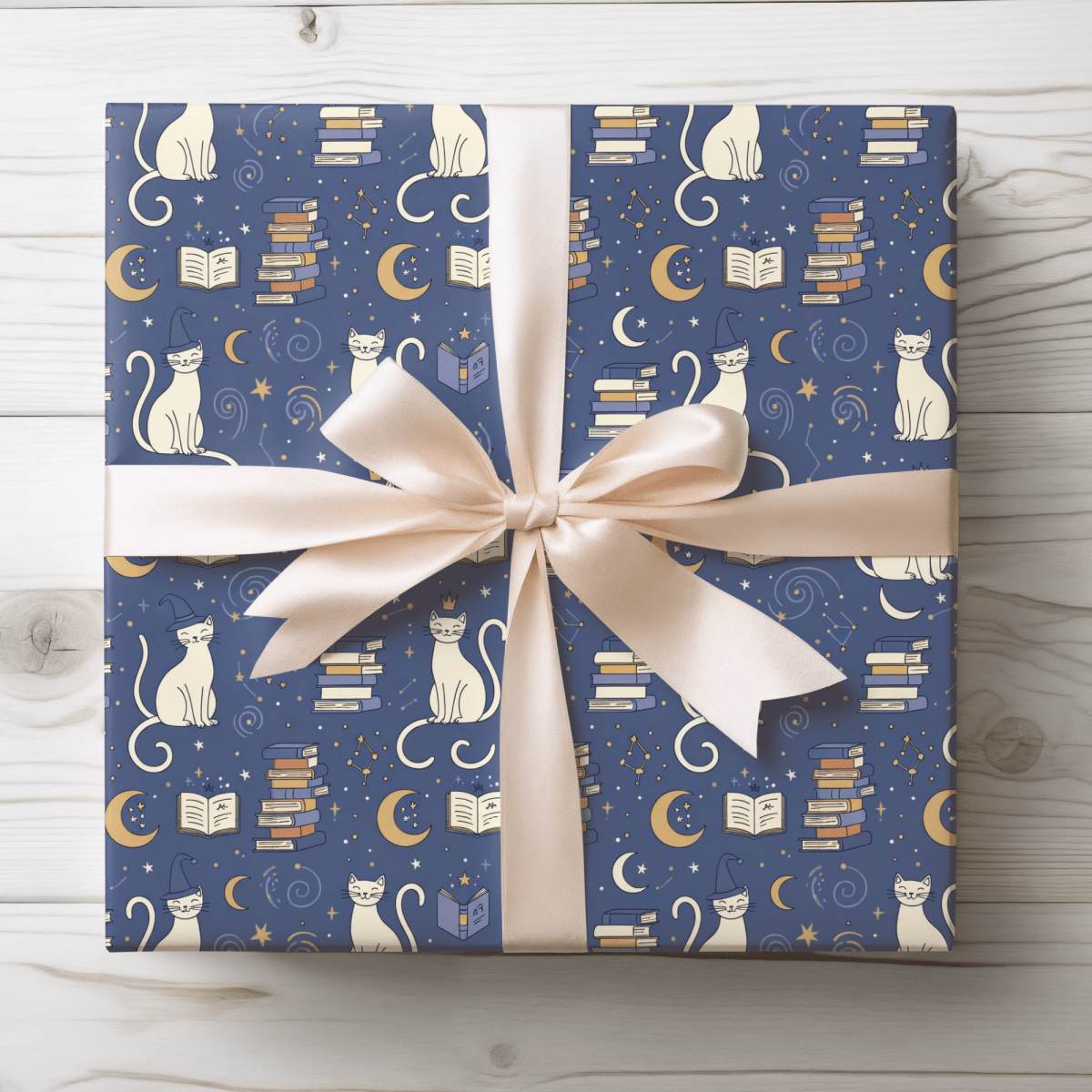 Purrfectly Bookish – Celestial Cat & Cozy Library Wrapping Paper