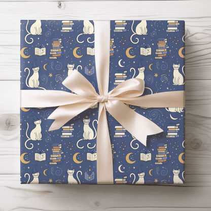 Purrfectly Bookish – Celestial Cat & Cozy Library Wrapping Paper