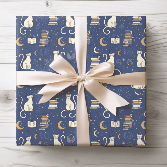 Purrfectly Bookish – Celestial Cat & Cozy Library Wrapping Paper