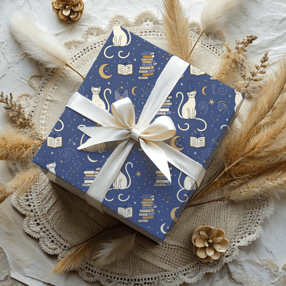 Purrfectly Bookish – Celestial Cat & Cozy Library Wrapping Paper