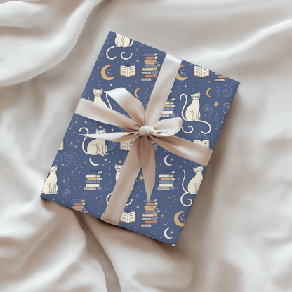 Purrfectly Bookish – Celestial Cat & Cozy Library Wrapping Paper