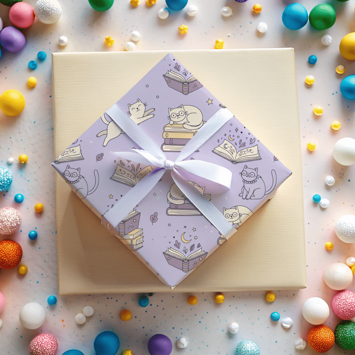 Paws & Prose – Lilac Bookish Cat Wrapping Paper
