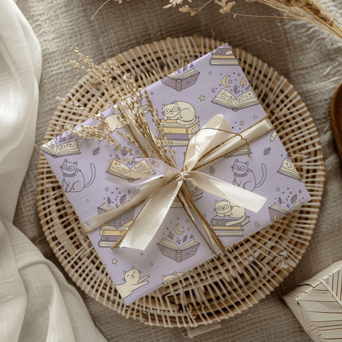 Paws & Prose – Lilac Bookish Cat Wrapping Paper