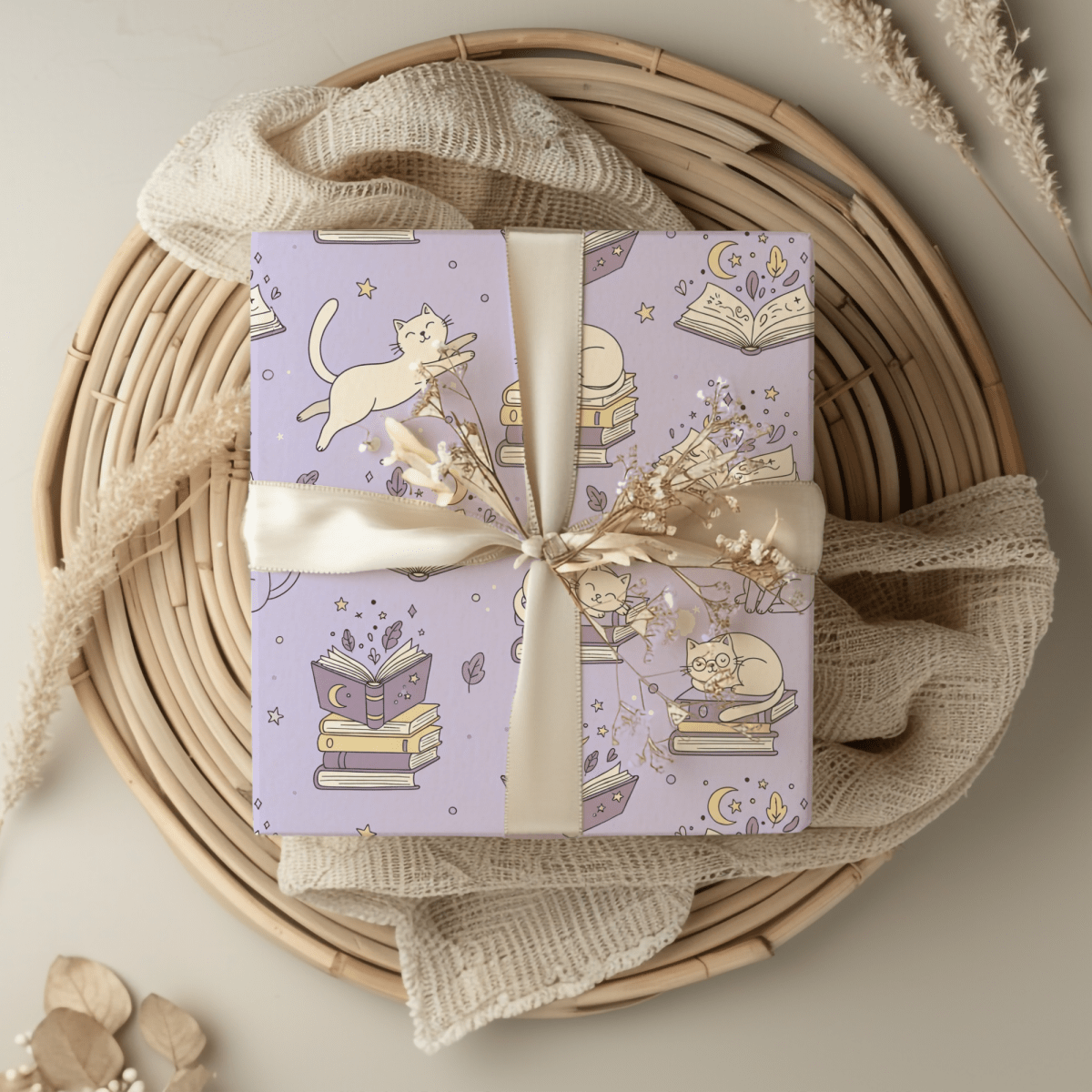 Paws & Prose – Lilac Bookish Cat Wrapping Paper
