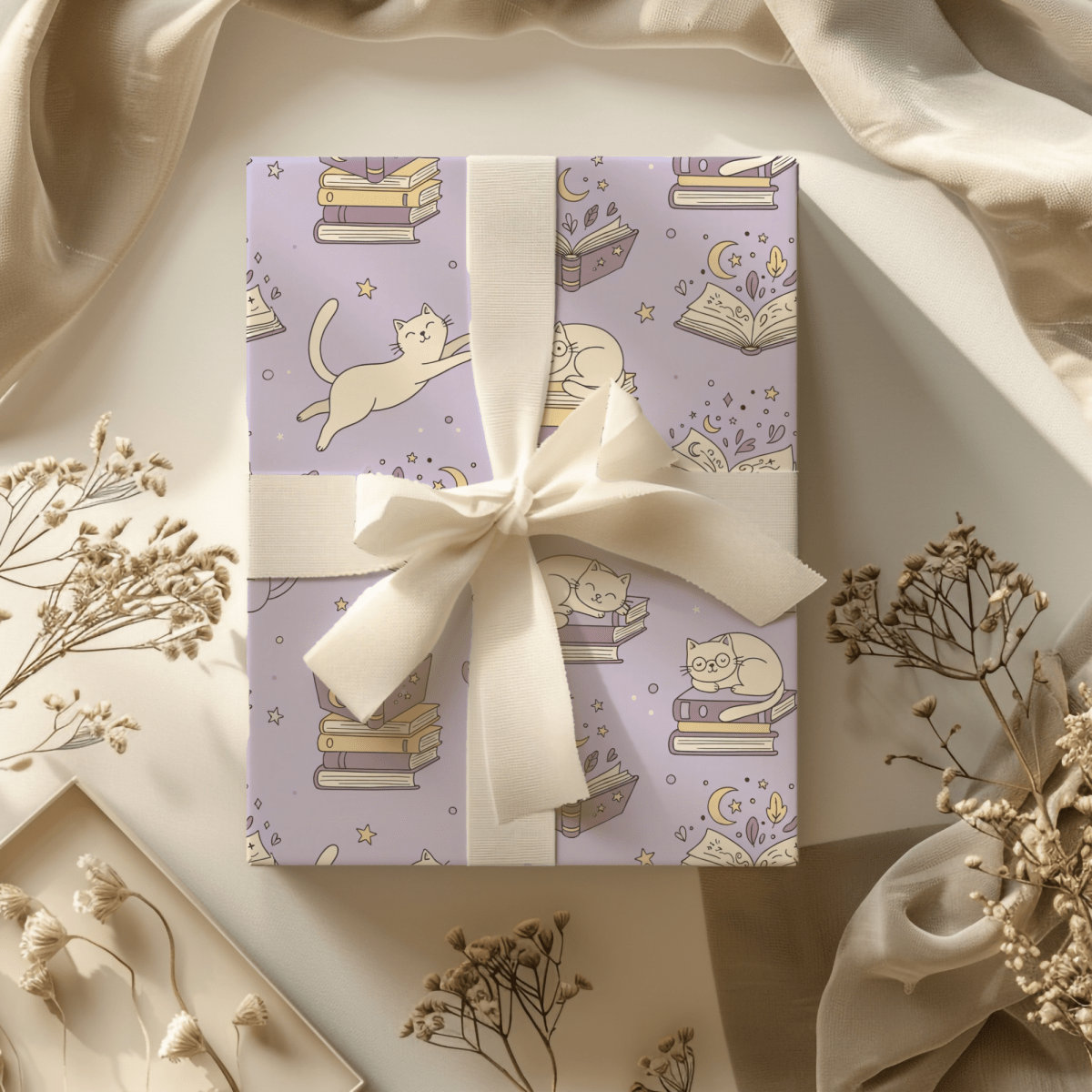 Paws & Prose – Lilac Bookish Cat Wrapping Paper