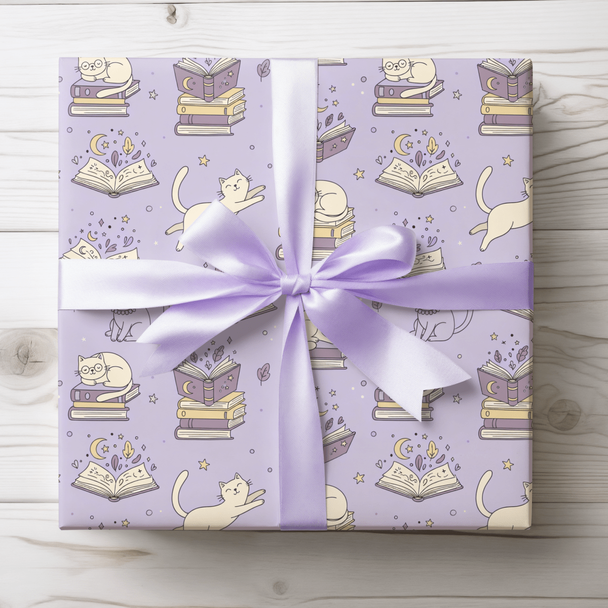 Paws & Prose – Lilac Bookish Cat Wrapping Paper