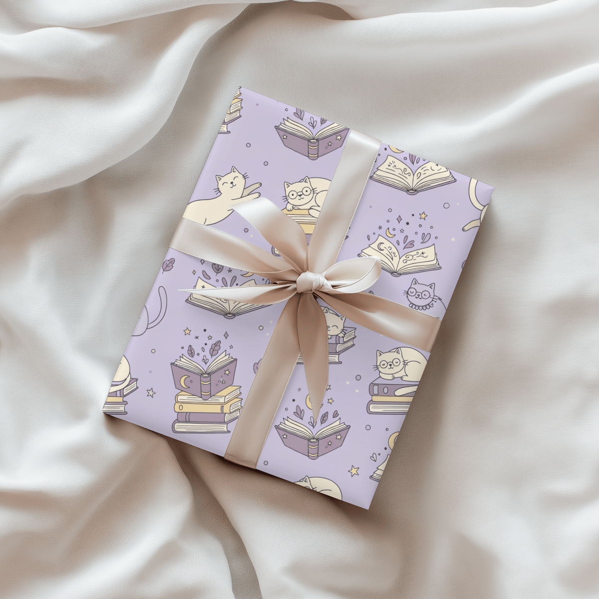 Paws & Prose – Lilac Bookish Cat Wrapping Paper