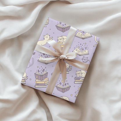 Paws & Prose – Lilac Bookish Cat Wrapping Paper