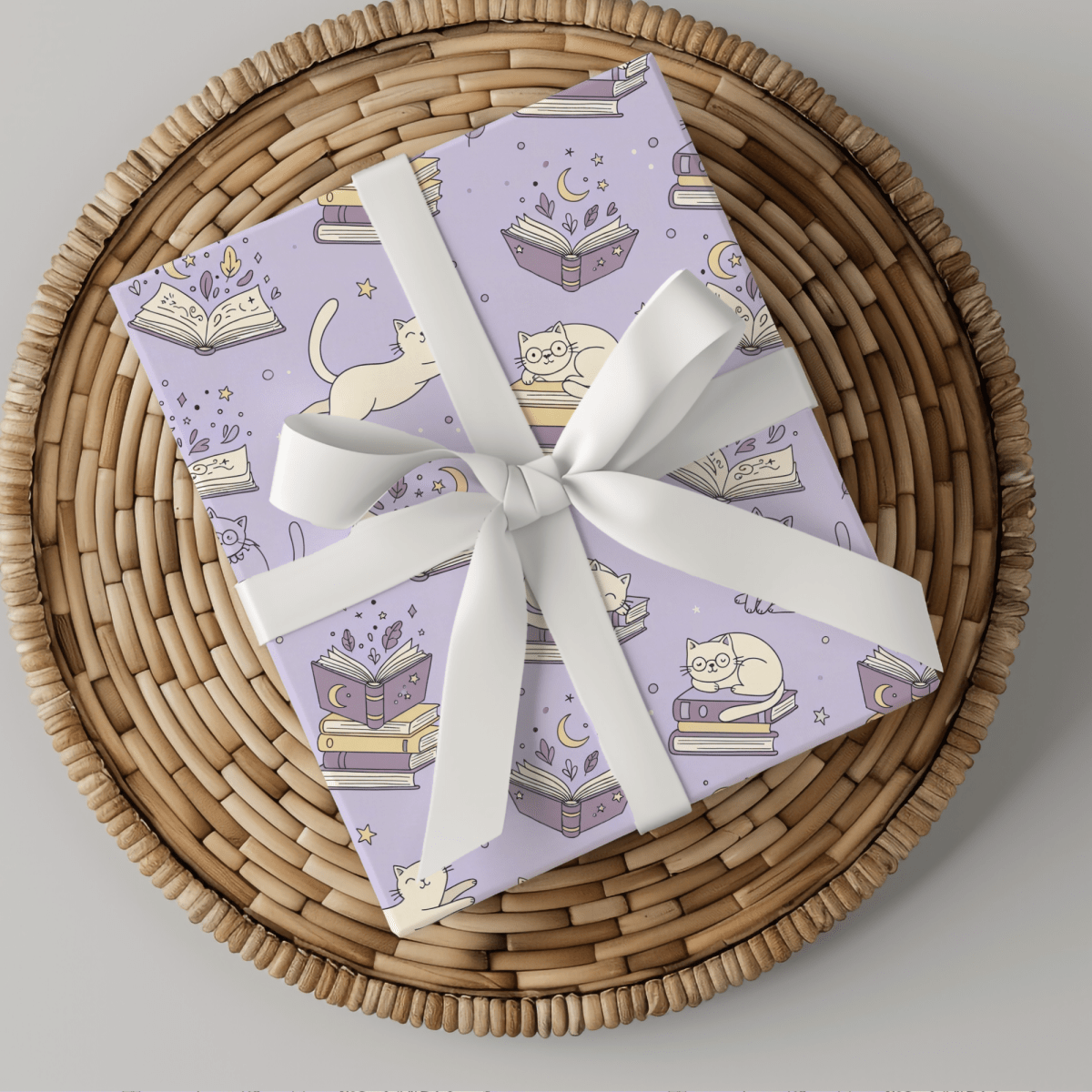 Paws & Prose – Lilac Bookish Cat Wrapping Paper