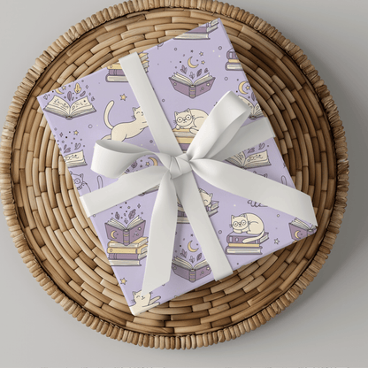 Paws & Prose – Lilac Bookish Cat Wrapping Paper