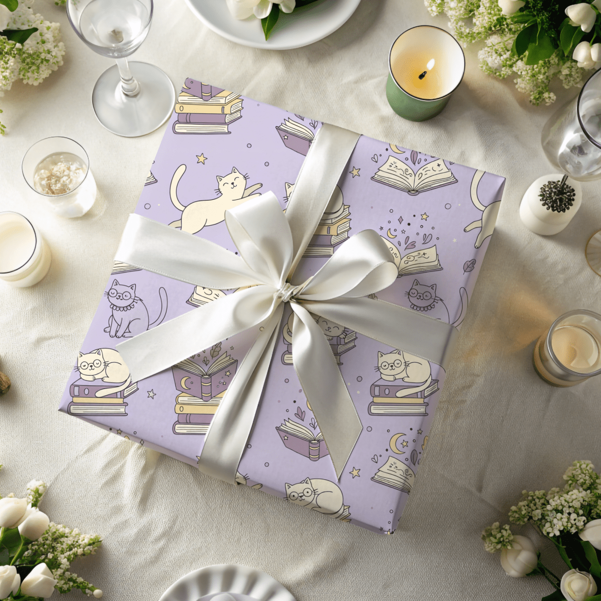 Paws & Prose – Lilac Bookish Cat Wrapping Paper