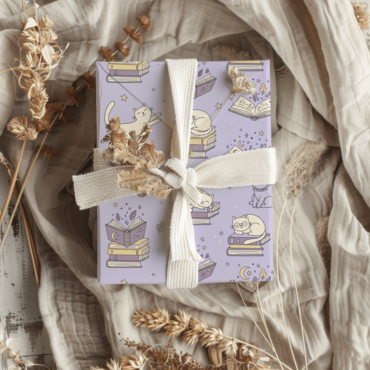 Paws & Prose – Lilac Bookish Cat Wrapping Paper