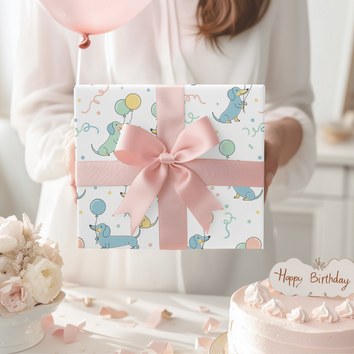 Up, Pup & Away – Balloon Dachshund Wrapping Paper