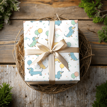 Up, Pup & Away – Balloon Dachshund Wrapping Paper