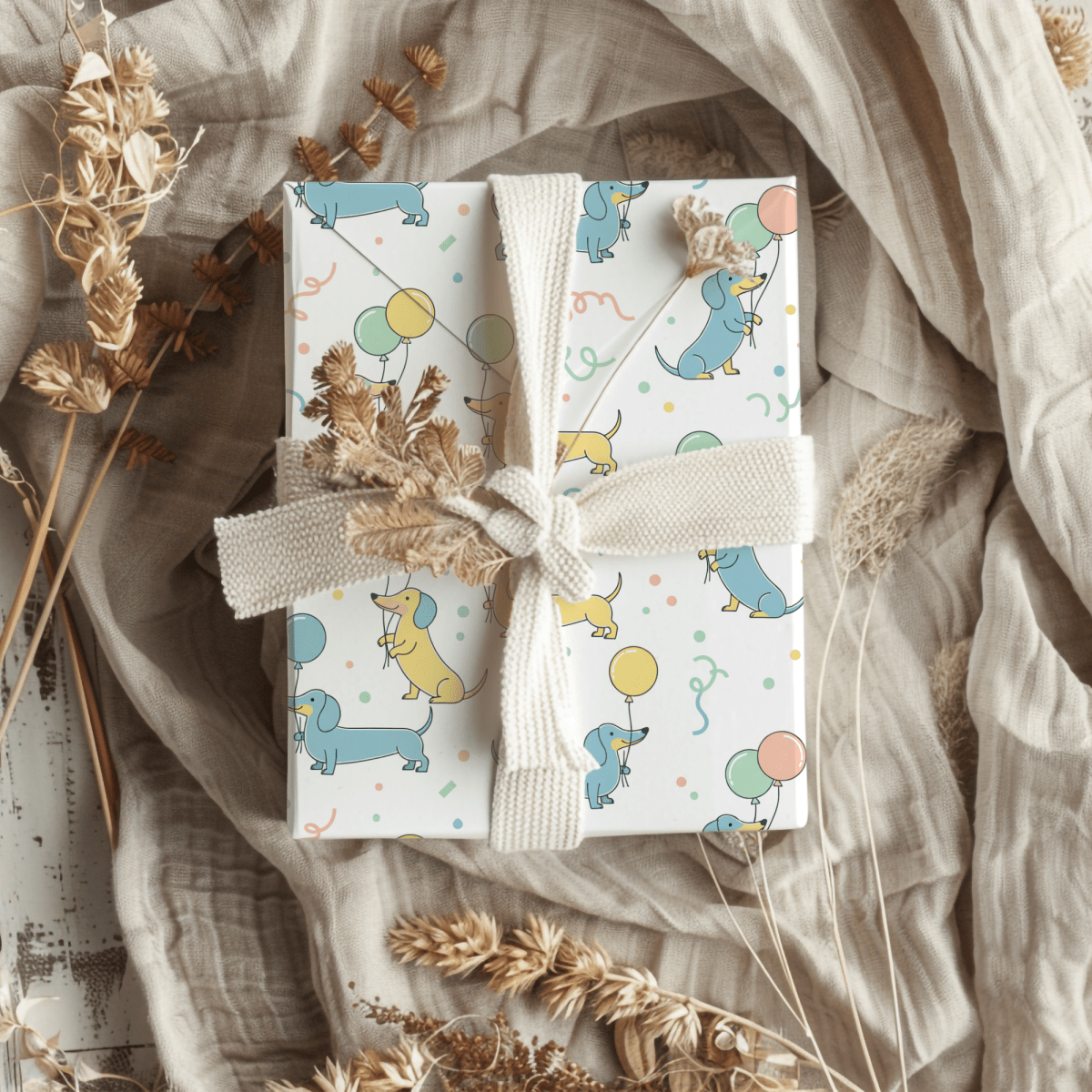 Up, Pup & Away – Balloon Dachshund Wrapping Paper