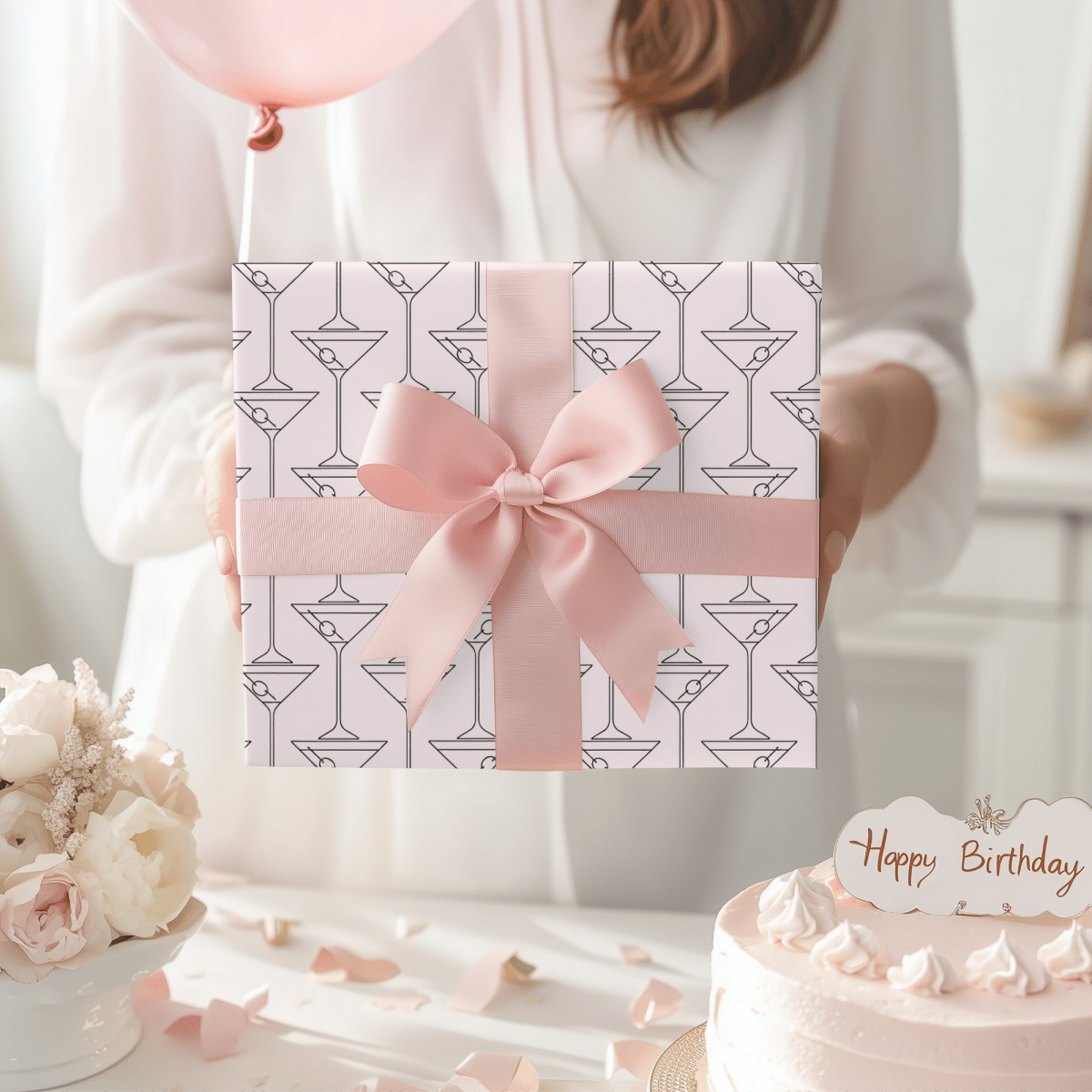 Pinkies Up & Pour Decisions – Martini Line Art Wrapping Paper