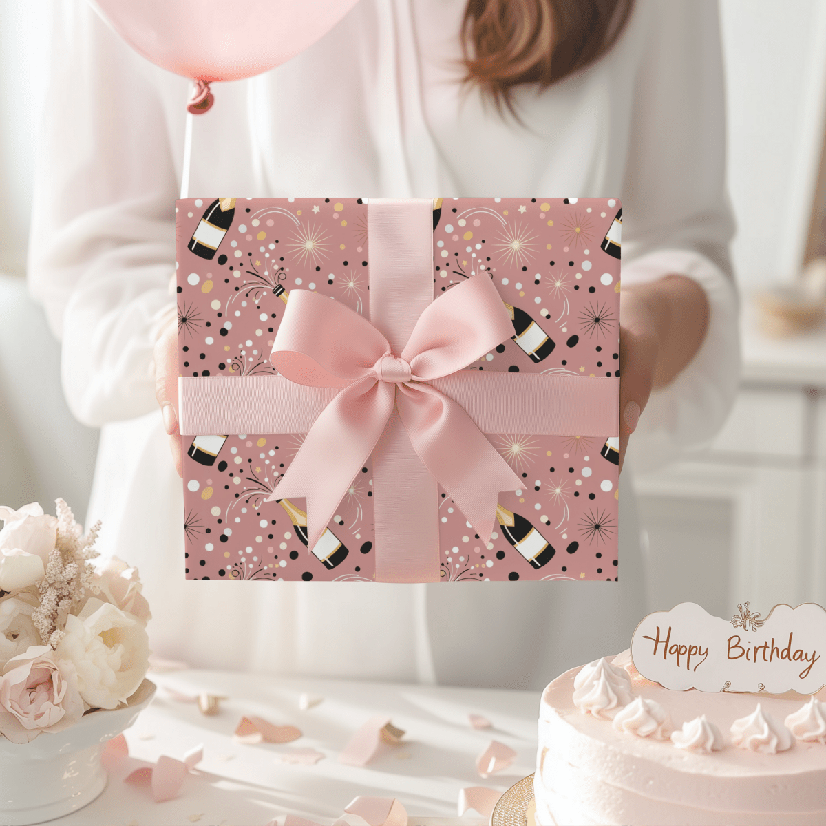 Cork Pops & Confetti Drops – Champagne Celebration Wrapping Paper